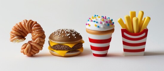 Miniature fast food crafted from fondant icing sugar set against a white background. Copy space image. Place for adding text and design
