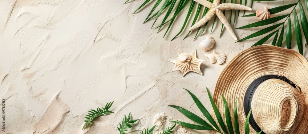 Poster beach accessories featuring palm leaves on a light background top view. copy space image. place for 
