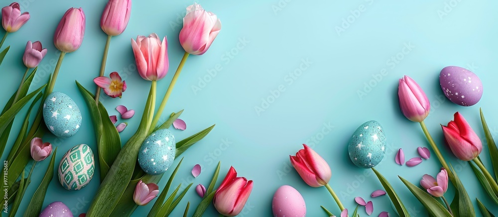Poster spring tulips and easter eggs on a soft blue background. copy space image. place for adding text and