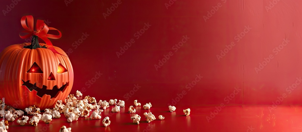 Poster Halloween pumpkin and popcorn against a red background with copyspace