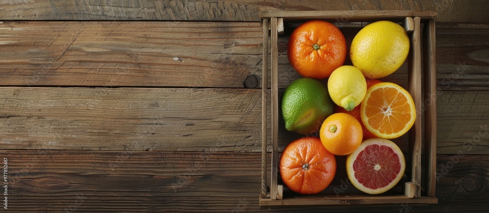 Sticker A variety of citrus fruits in a wooden box orange tangerine grapefruit and lemon Set against a wooden background Top view Copy space