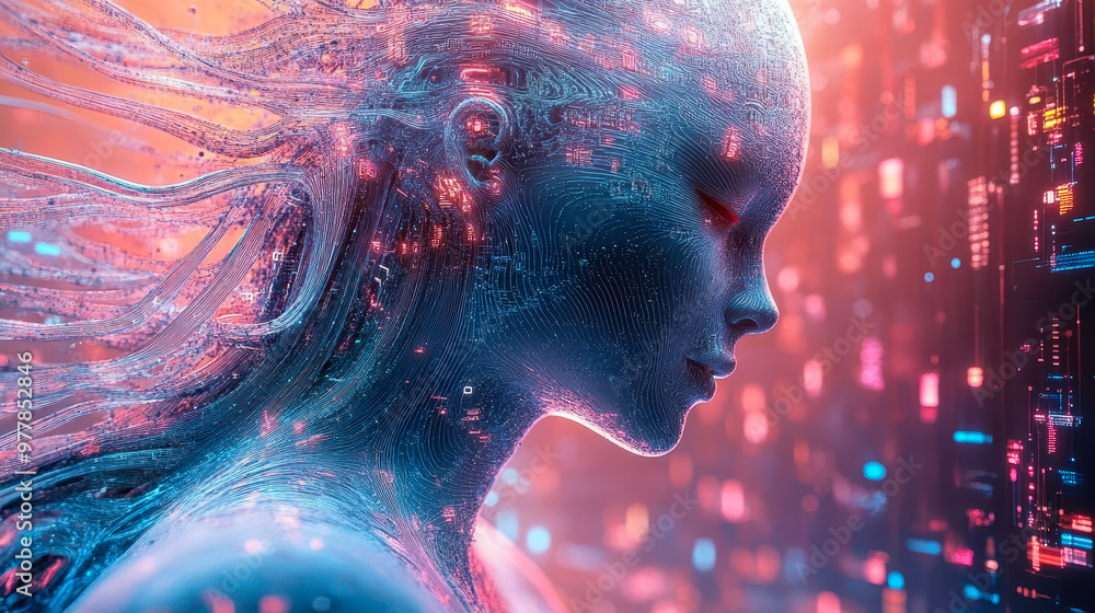 Poster futuristic cyborg woman with digital neural patterns in a vibrant tech environment, symbolizing huma