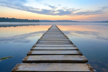 Fototapeta premium Wooden path leading to a misty lake at sunset, a concept of hope, inspiration, and new beginnings
