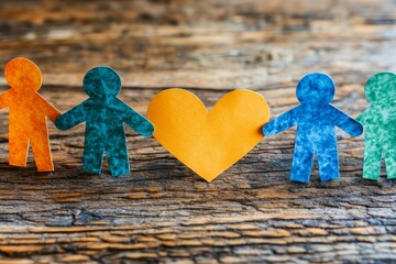 Wooden figures holding hands and a heart symbolizing family love and the emotional connections that bind supportive relationships and communities