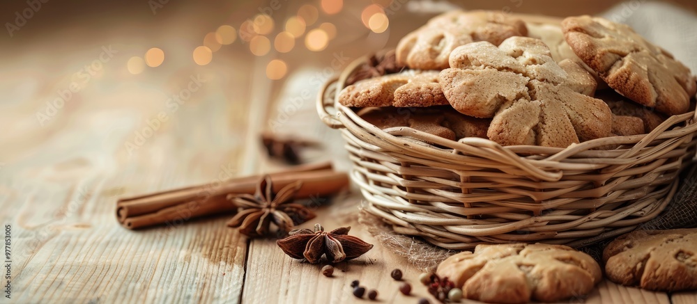 Aufkleber basket filled with delicious biscotti cookies and spices on a light wooden surface. copy space image