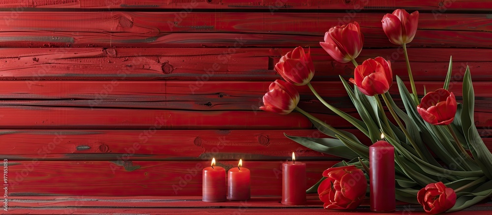 Poster vibrant fresh tulips and candles on red wood. copy space image. place for adding text and design