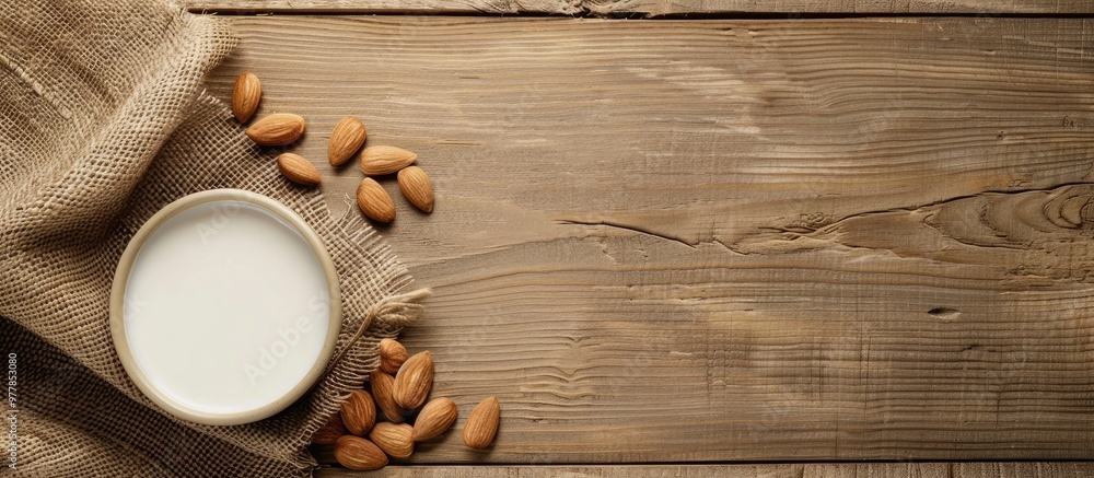 Poster High angle view of almonds and milk in a white bowl on a textured wooden background Various plant based vegan milks and ingredients top view copy space Dairy free milk alternative healthy eating