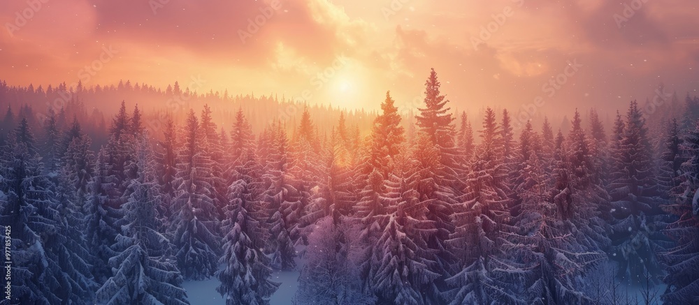Poster aerial perspective of a winter forest at sunset. copy space image. place for adding text and design