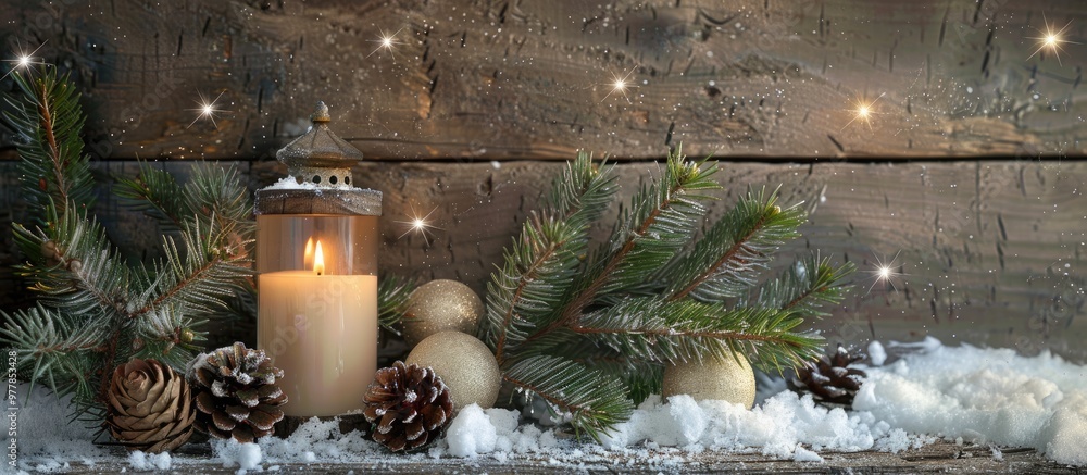 Poster christmas decorations featuring a candle christmas tree ornaments fir branches and pine cones set in