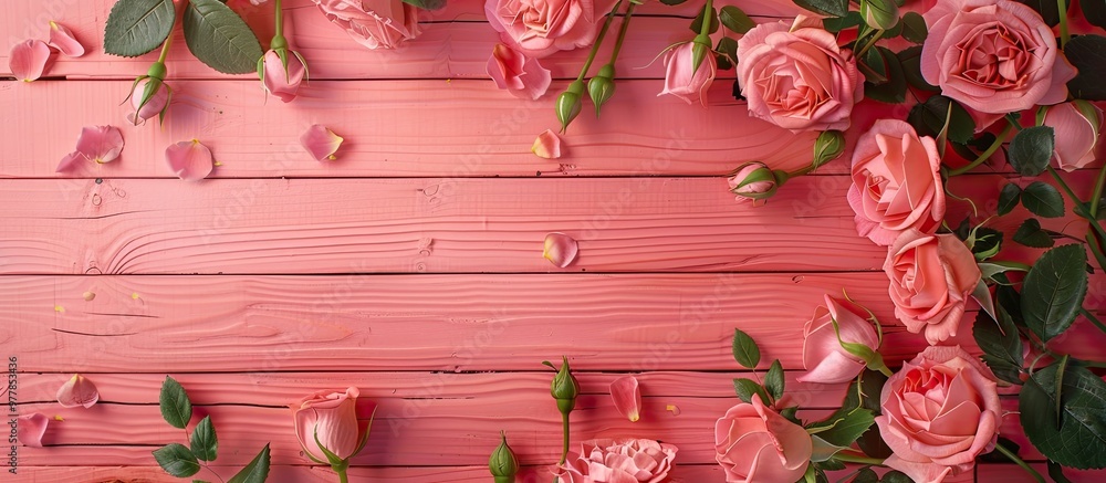 Aufkleber a frame of pink roses on a pink wood backdrop. copy space image. place for adding text and design