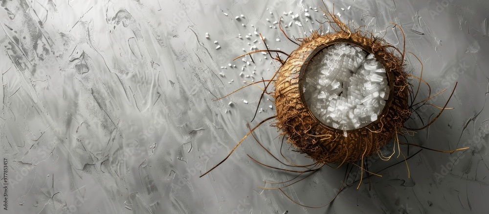 Sticker Close up of a coconut on a grey background with copy space Delicious whole coconut from above Close up texture Macro background Coconut fibers