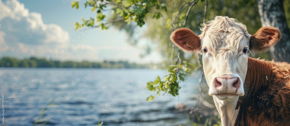 Sticker Cow in front of a tree and water backdrop. Copy space image. Place for adding text and design