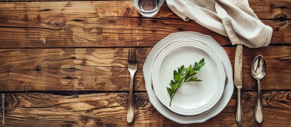 Poster Beautifully arranged table setting on a wooden surface. Copy space image. Place for adding text and design