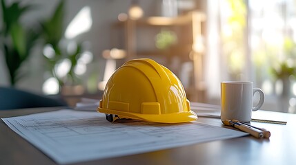A close-up of a yellow safety helmet on a modern desk, with construction blueprints, a coffee mug, and a ruler. The lighting creates a bright and focused atmosphere