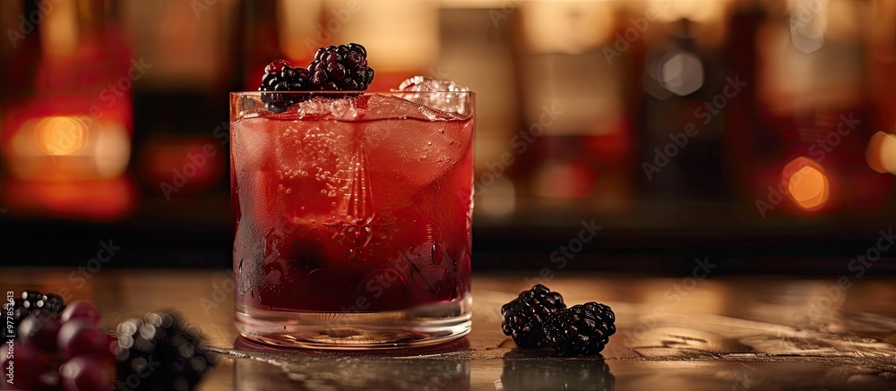 Poster bourbon renewal cocktail adorned with blackberries. copy space image. place for adding text and desi