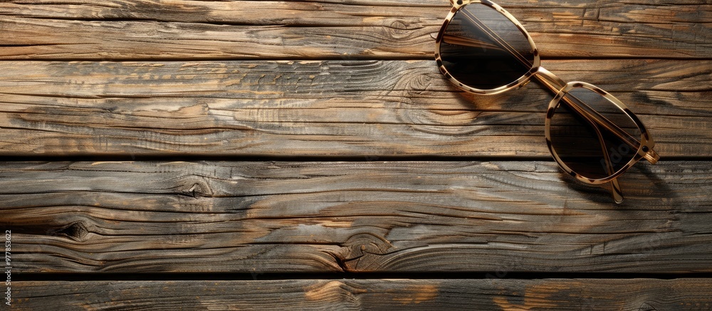 Poster pin wood and sunglasses on a wooden background top view. copy space image. place for adding text and