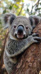 Obraz premium Adorable Koala Bear Clinging to Tree Trunk in Natural Habitat, Looking Directly at Camera with Wide Eyes, Symbolizing Australian Wildlife and Conservation Efforts