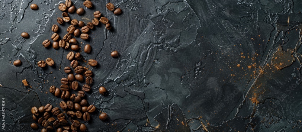 Poster coffee beans scattered on black stone. copy space image. place for adding text and design