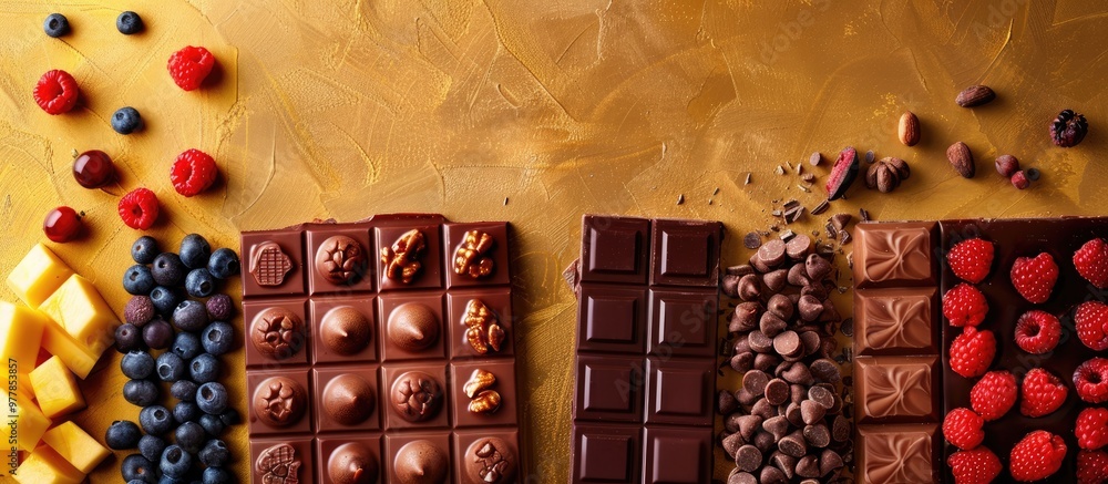 Poster handcrafted chocolate bars featuring fruits berries and nuts against a colorful backdrop. copy space