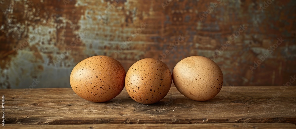 Poster three eggs on an aged wooden table. copy space image. place for adding text and design