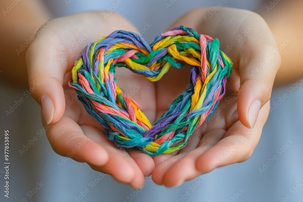 Poster hands holding a heart made of colorful woven threads symbolizing love unity and the emotional connec