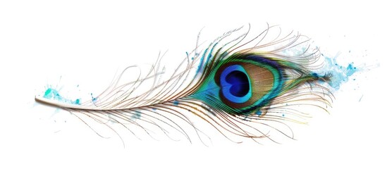 Obraz premium peacock feather on a white background with text copyspace