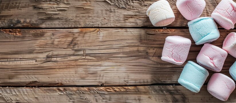 Colored sweet dessert marshmallows on a wooden background Airy marshmallows Confectionery Background featuring sweet marshmallow cookies. Copy space image. Place for adding text and design