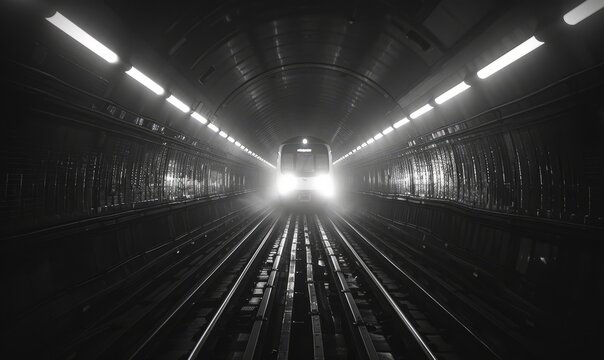 black and white photography in the london tube network and high contrast dramatic lighting .