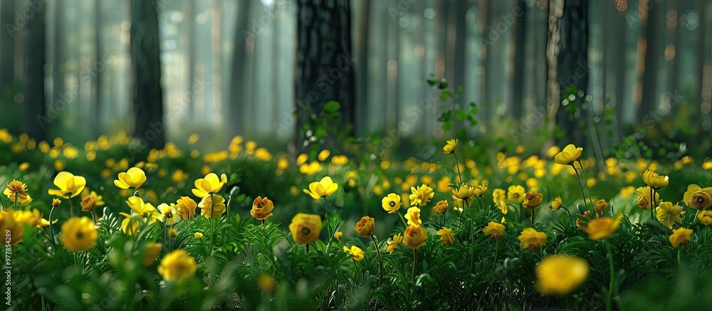 Poster green spring forest ranunculus acris with yellow flowers in front of tall trees. copy space image. p