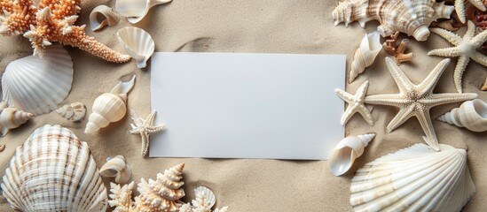 Obraz premium Close up view of coral seashells and a blank card on sand against a grey background. Copy space image. Place for adding text and design