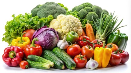 Fresh assortment of colorful vegetables displayed on a white background. Generative AI