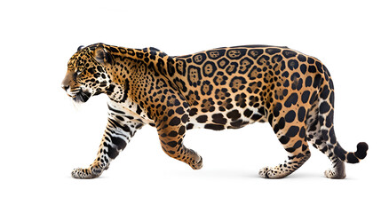 Obraz premium A sleek jaguar prowling forward on a white background, muscles rippling with each step