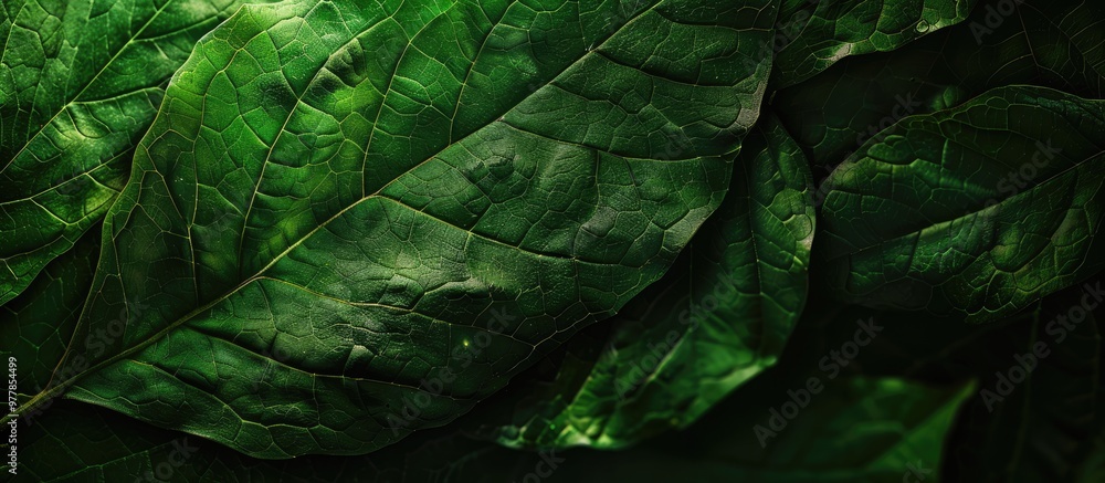 Poster close up view of a green leaf with copyspace leaf texture for an abstract background