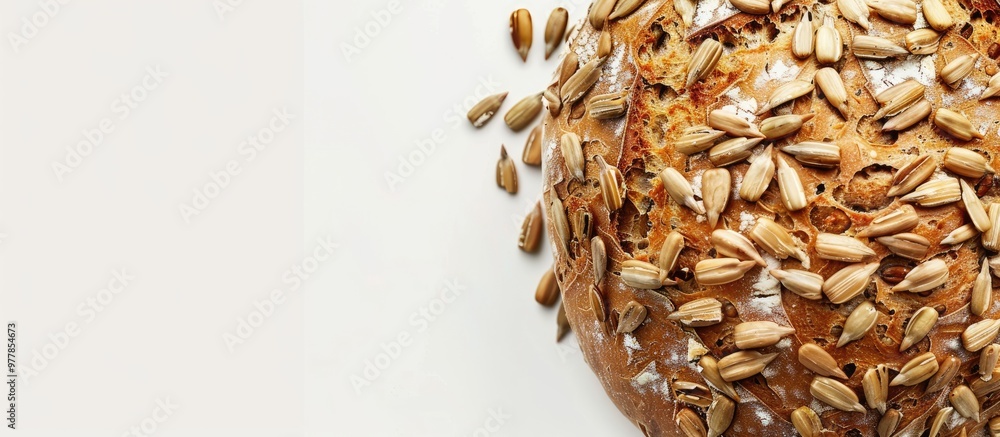 Aufkleber a loaf of bread topped with sunflower seeds set against a white background. copy space image. place 