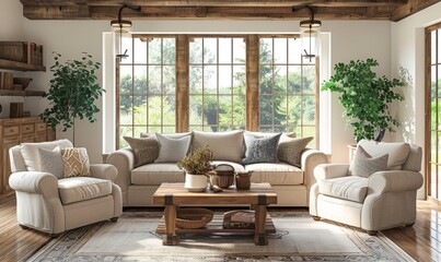 Farmhouse living room interior background.