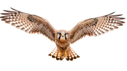 Obraz premium A sleek kestrel with its wings outspread on a white background with copy space, eyes focused ahead
