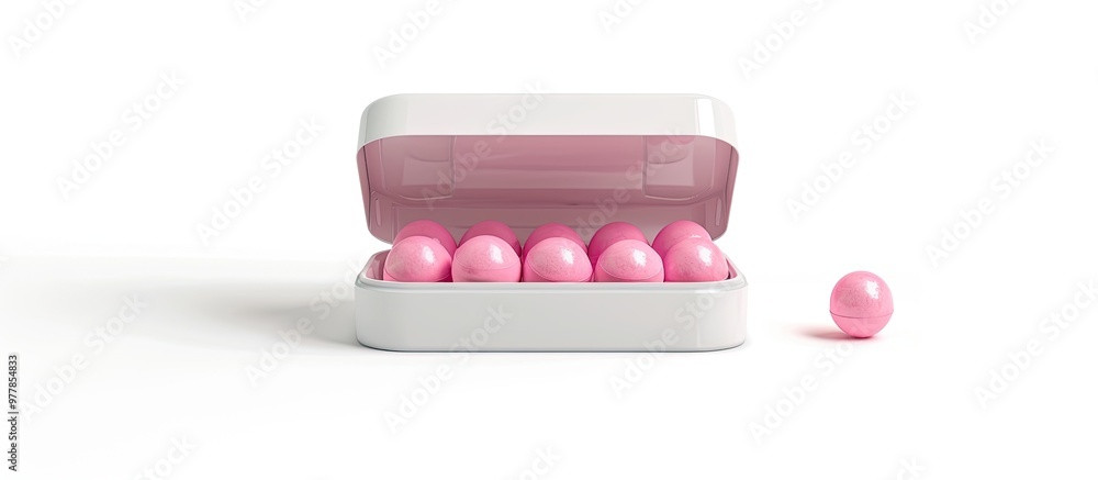 Poster pink gum on open case isolated against a white background. copy space image. place for adding text a