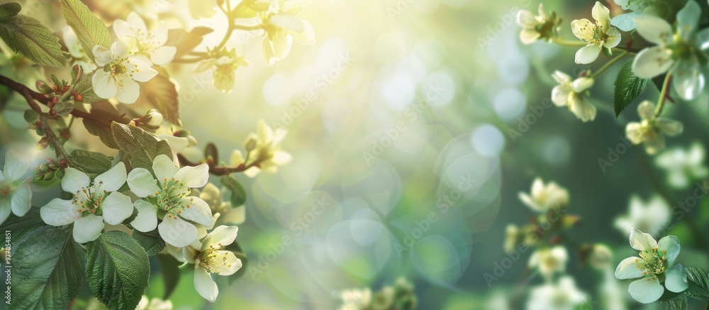 Poster white blackberry blossoms in a summer garden. copy space image. place for adding text and design