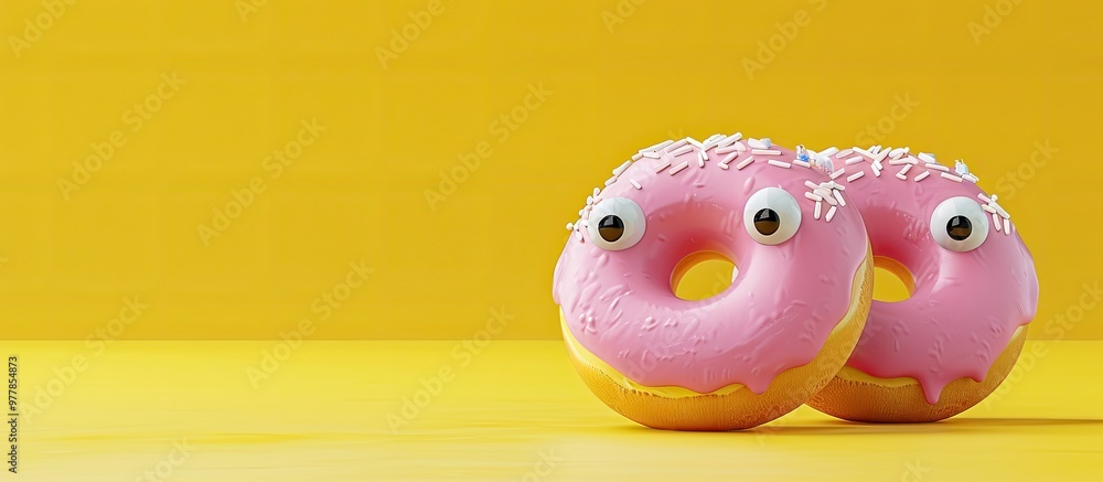 Poster colorful glazed donuts featuring funny eyes on a yellow background a creative minimalist design. cop