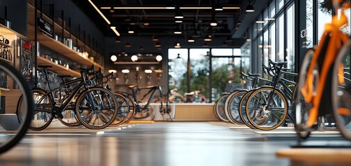Modern bicycle shop interior featuring a variety of bicycles on display, showcasing a sleek and stylish design.