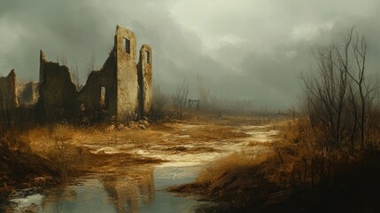 Fototapeta premium A Ruinous Stone Structure in a Foggy, Barren Landscape