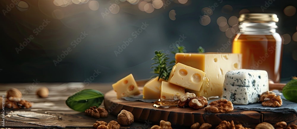 Poster cheese platter accompanied by nuts and honey. copy space image. place for adding text and design