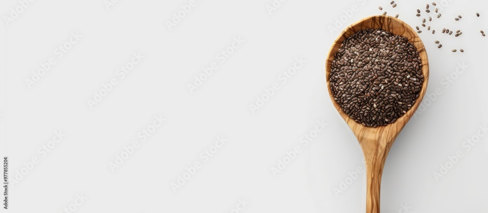 Wall mural Chia seeds in a wooden spoon set against a white background. Copy space image. Place for adding text and design