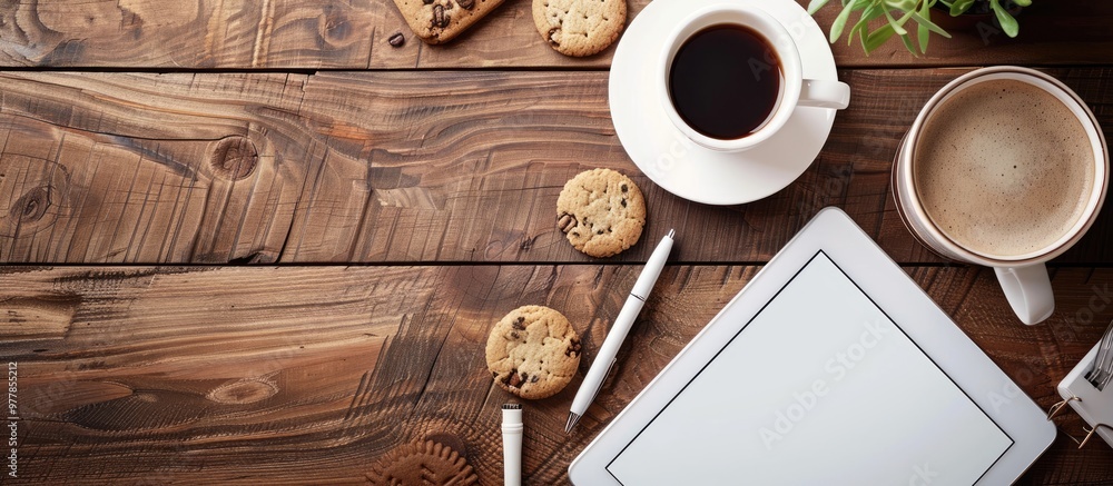 Poster home office setup featuring a blank area for text the wooden desk includes a tablet notebooks coffee