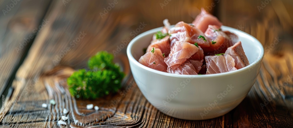Aufkleber canned tuna in a white bowl placed on a wooden table shallow focus. copy space image. place for addi