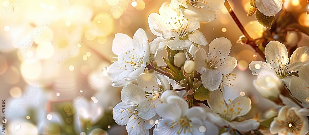 Poster white blossoms in spring under warm sunlight. copy space image. place for adding text and design