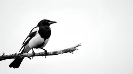 Obraz premium A sleek magpie perched on a branch on a white background with copy space, feathers glossy black and white