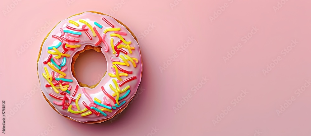 Poster donut topped with colorful noodles sweet two tone background with a top view. copy space image. plac