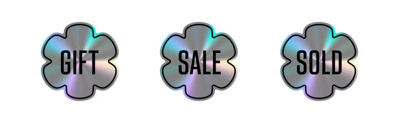 Set of holographic stickers with a metallic sheen showcasing various promotional messages: 
