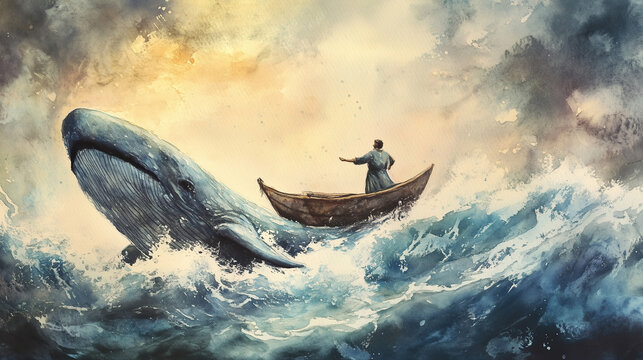 watercolor illustration of Jonah and whale	